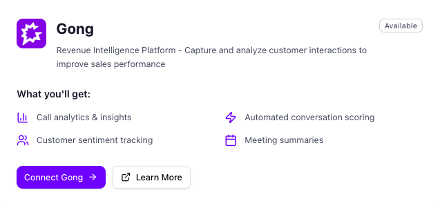 Gong Integration Card in Skrift Settings showing the Connect button
