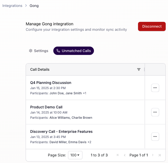 Unmatched Calls Interface showing call list with participant information and menu options