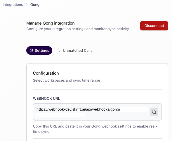 Webhook configuration in Gong settings showing the Skrift webhook URL